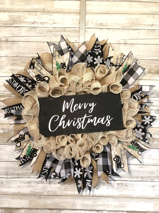 Merry Christmas Holiday Door Wreath, Handmade Door Wreath For Christmas Season