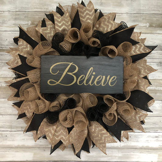 'Believe' Holiday Door Wreath, Handmade Door Wreath For Christmas Season