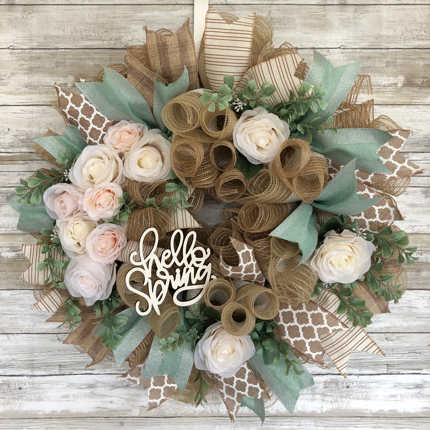 Hello Spring Door Wreath. Pops Of Mint Green Floral Spring Wreath. Handmade seasonal door wreath.