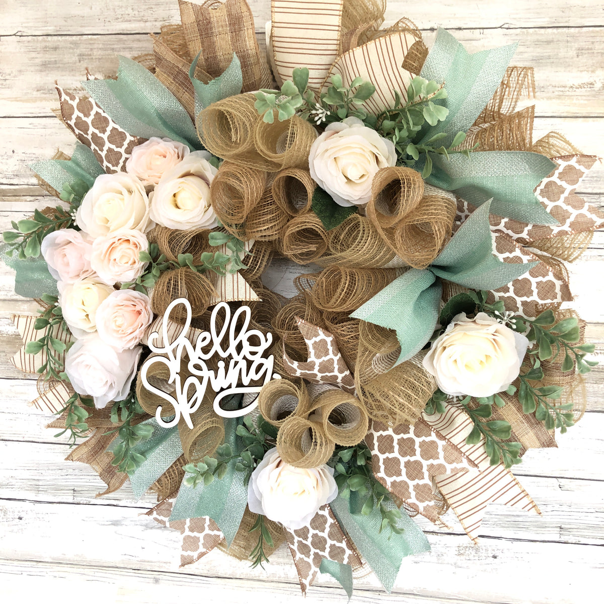 Hello Spring Door Wreath. Pops Of Mint Green Floral Spring Wreath. Handmade seasonal door wreath.