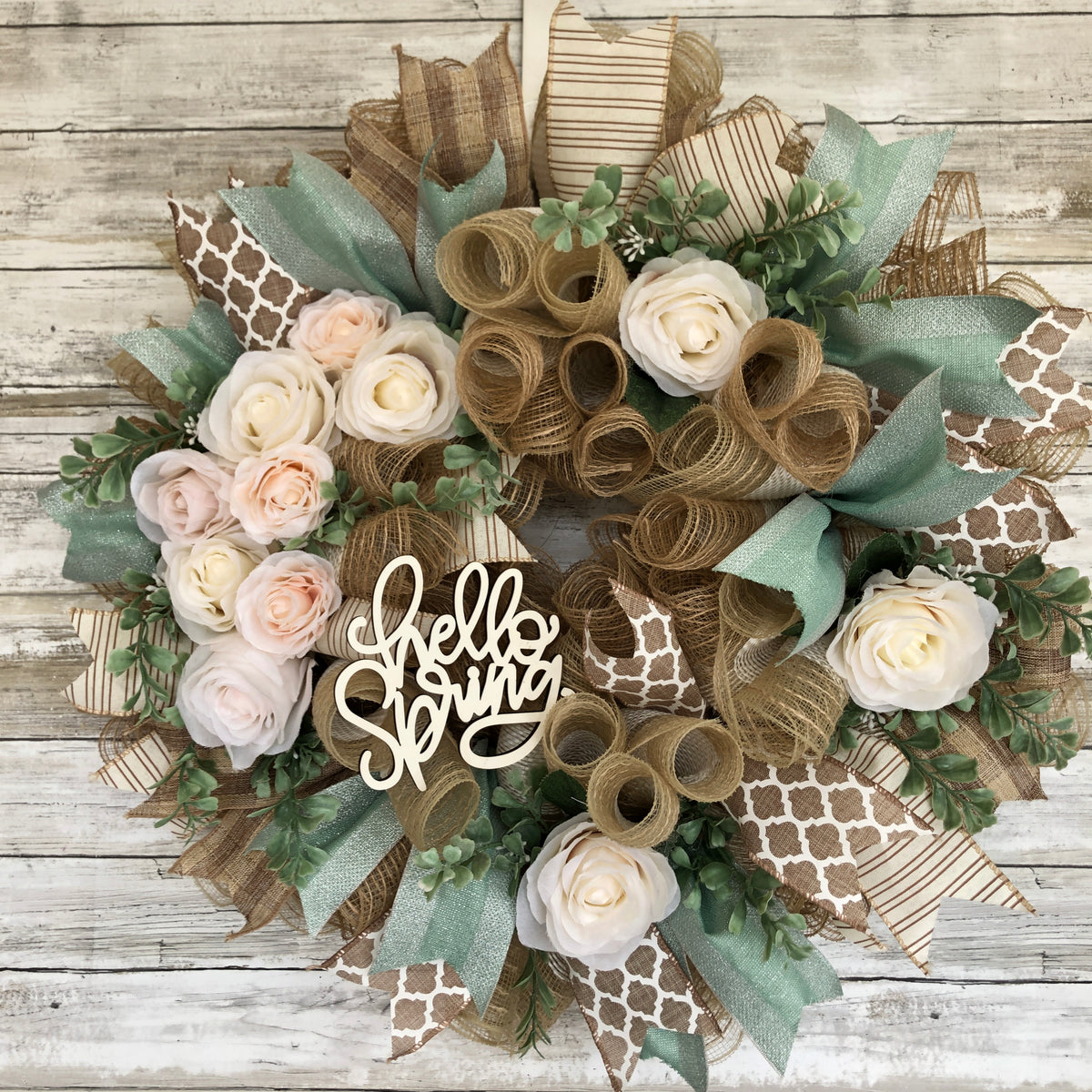 Hello Spring Door Wreath. Pops Of Mint Green Floral Spring Wreath. Handmade seasonal door wreath.