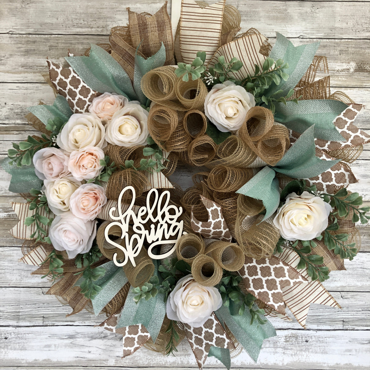 Hello Spring Door Wreath. Pops Of Mint Green Floral Spring Wreath. Handmade seasonal door wreath.