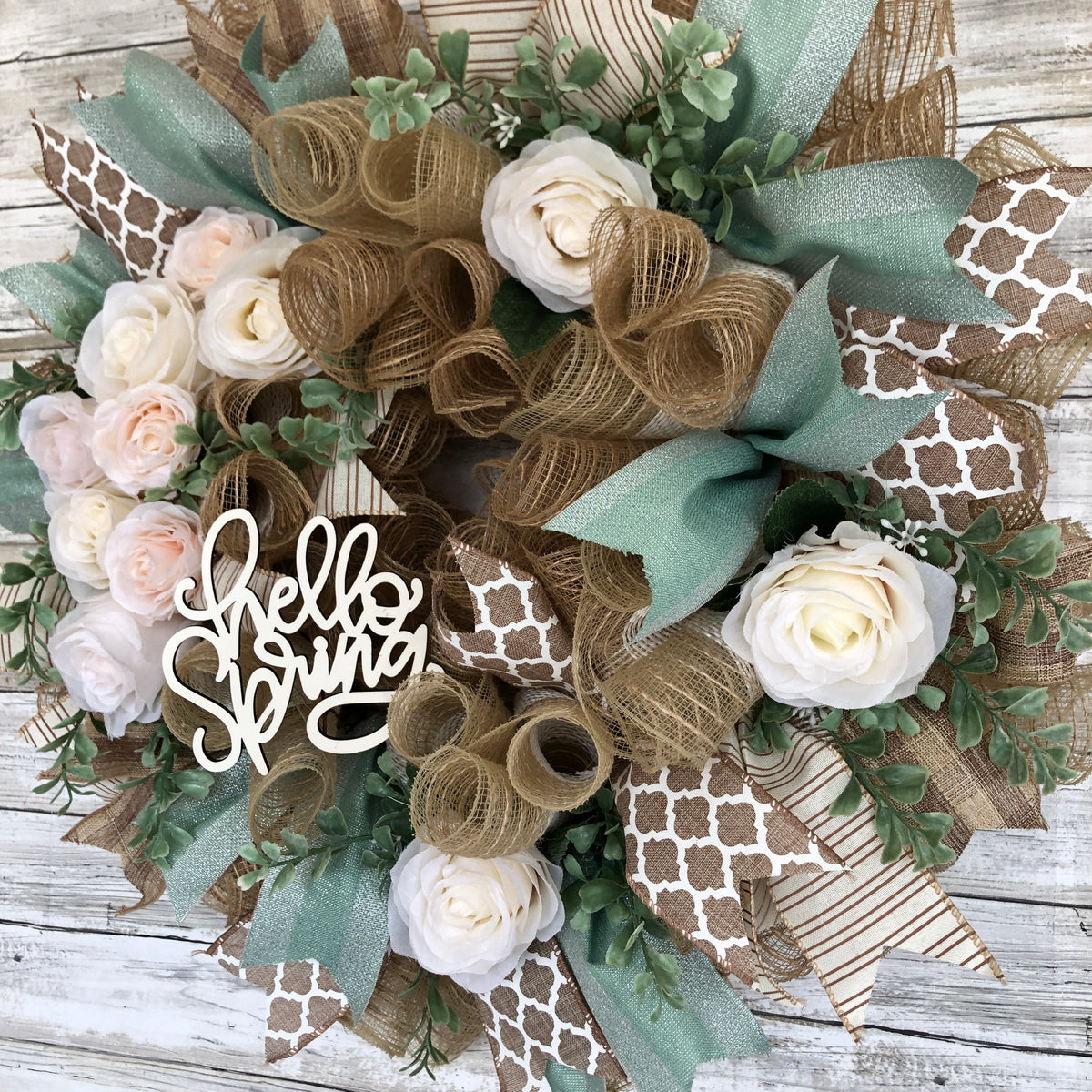 Hello Spring Door Wreath. Pops Of Mint Green Floral Spring Wreath. Handmade seasonal door wreath.