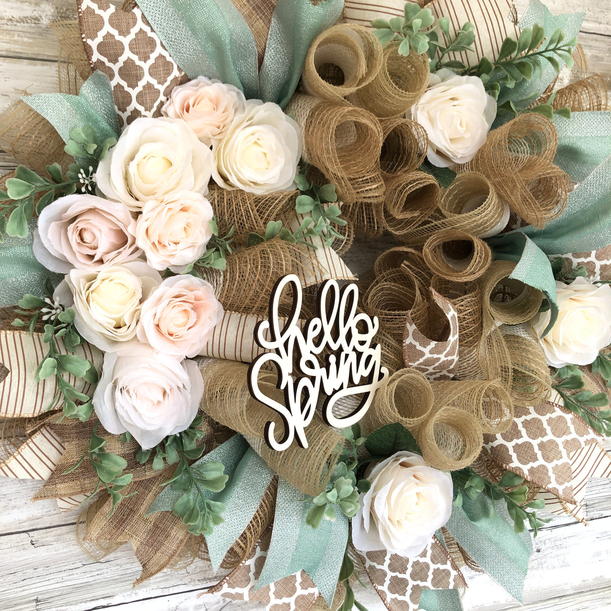 Hello Spring Door Wreath. Pops Of Mint Green Floral Spring Wreath. Handmade seasonal door wreath.