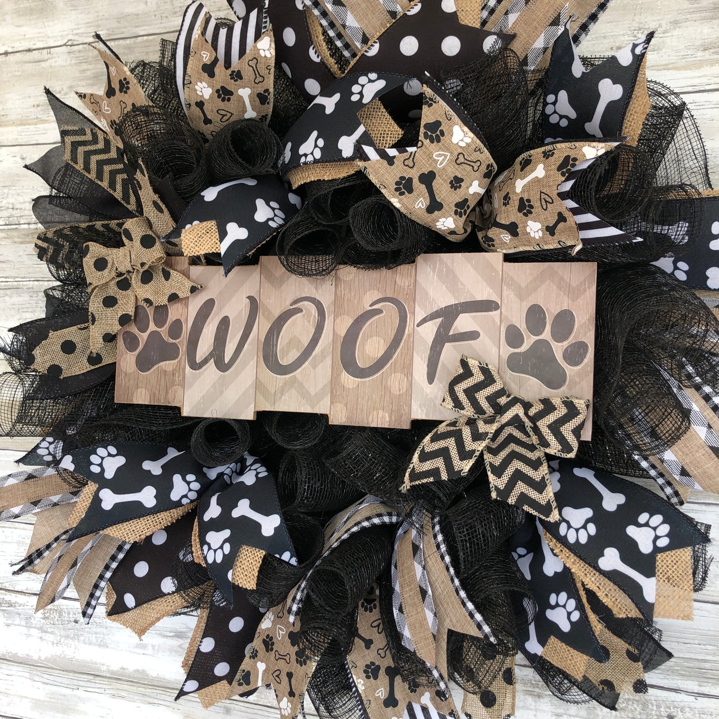 Dog Lovers handmade Door Wreath. Black and tan Woof dog owner decor.