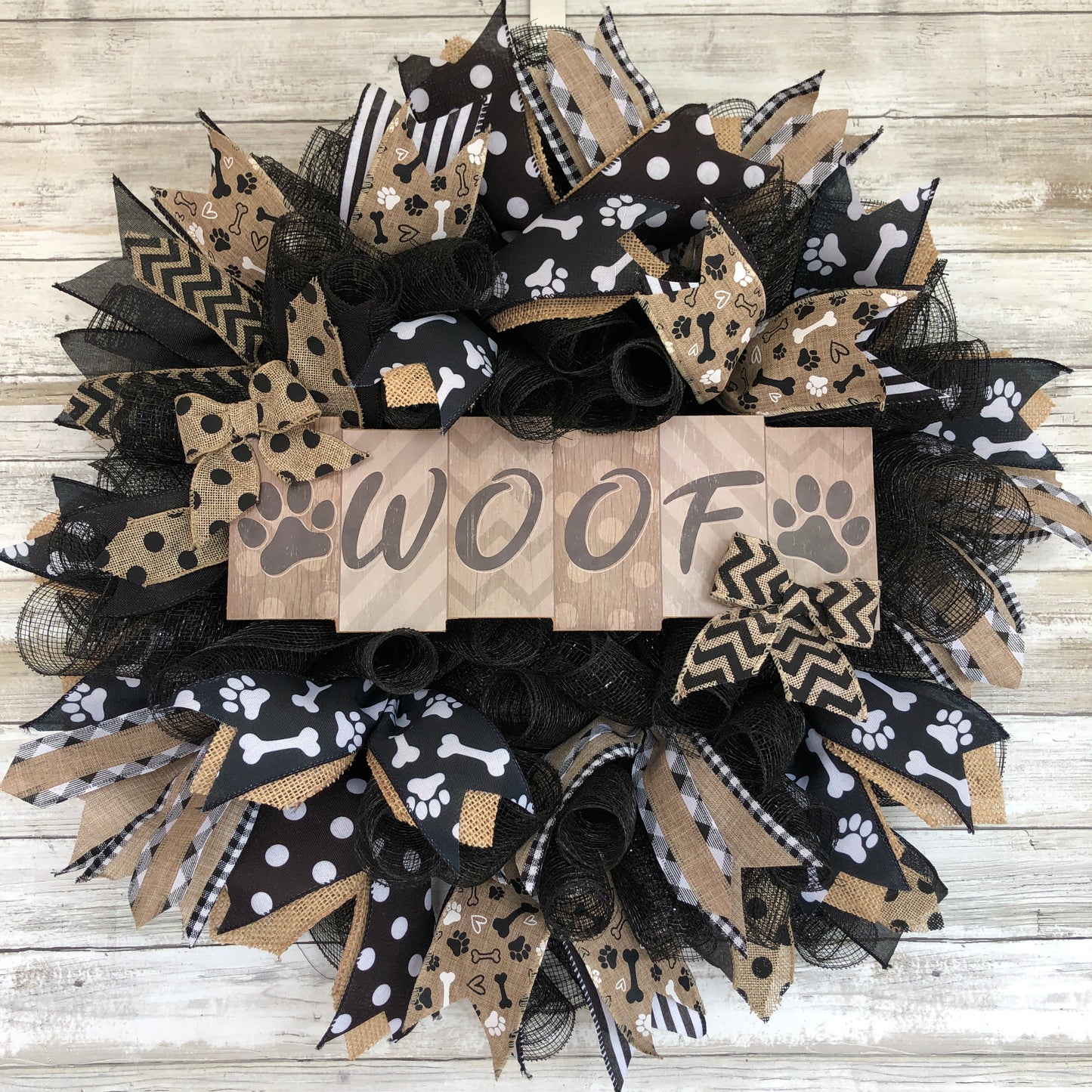 Dog Lovers handmade Door Wreath. Black and tan Woof dog owner decor.