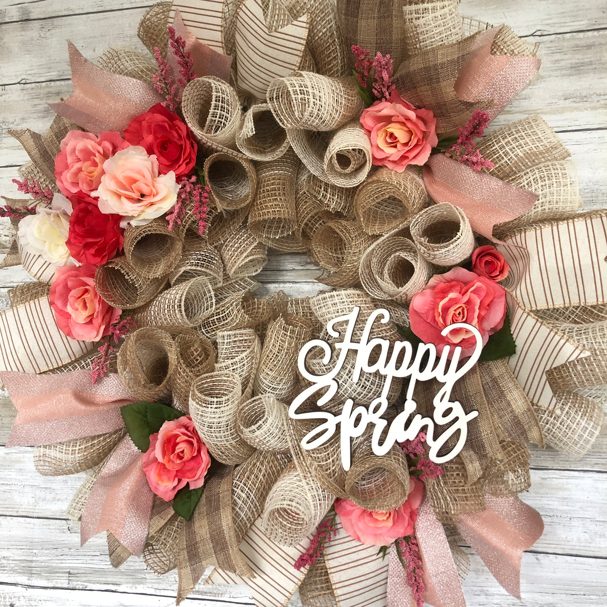 Happy Spring Door Wreath. Pops Of Pink Floral Spring Wreath. Handmade Seasonal Door Wreath