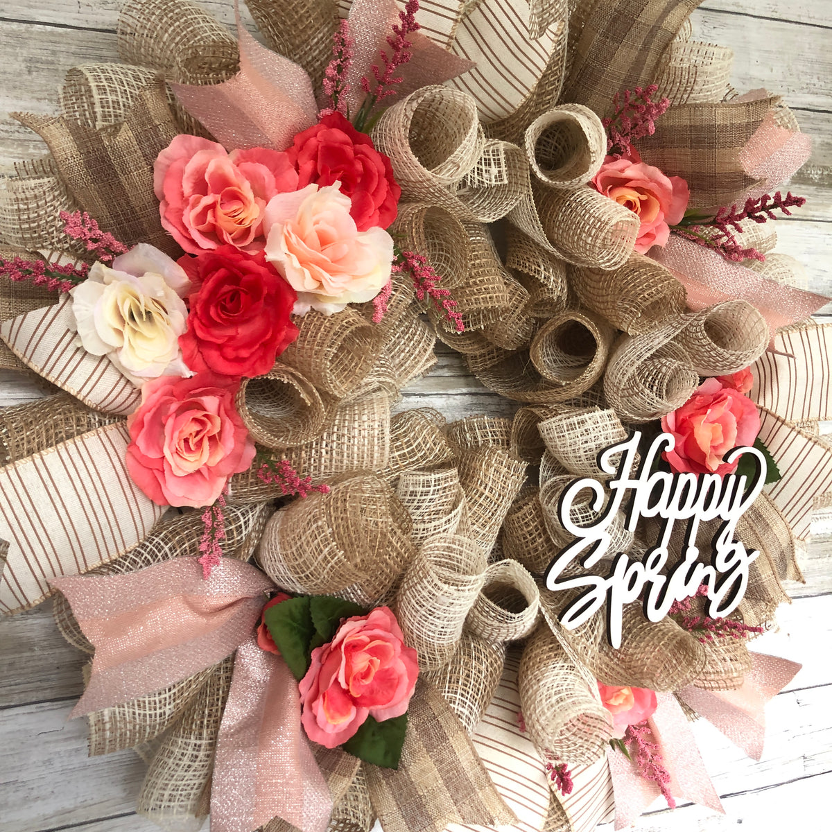 Happy Spring Door Wreath. Pops Of Pink Floral Spring Wreath. Handmade Seasonal Door Wreath