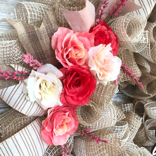 Happy Spring Door Wreath. Pops Of Pink Floral Spring Wreath. Handmade Seasonal Door Wreath