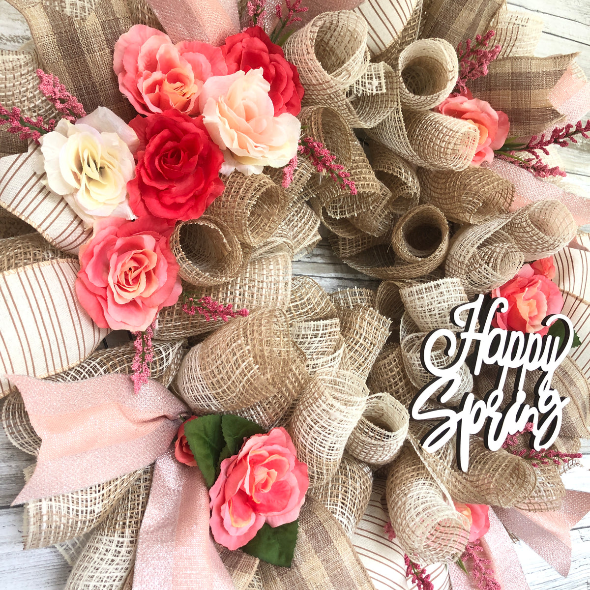 Happy Spring Door Wreath. Pops Of Pink Floral Spring Wreath. Handmade Seasonal Door Wreath