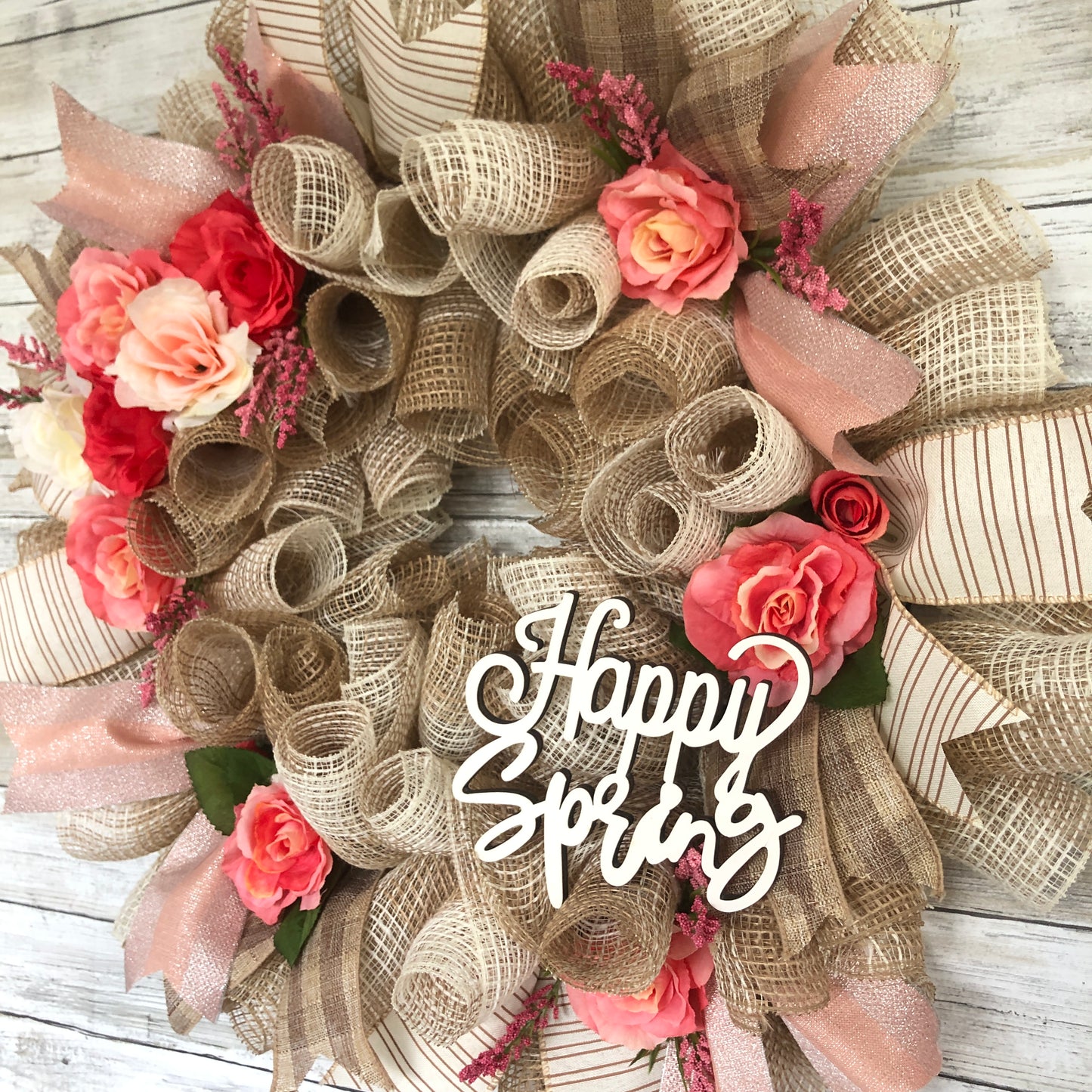 Happy Spring Door Wreath. Pops Of Pink Floral Spring Wreath. Handmade Seasonal Door Wreath