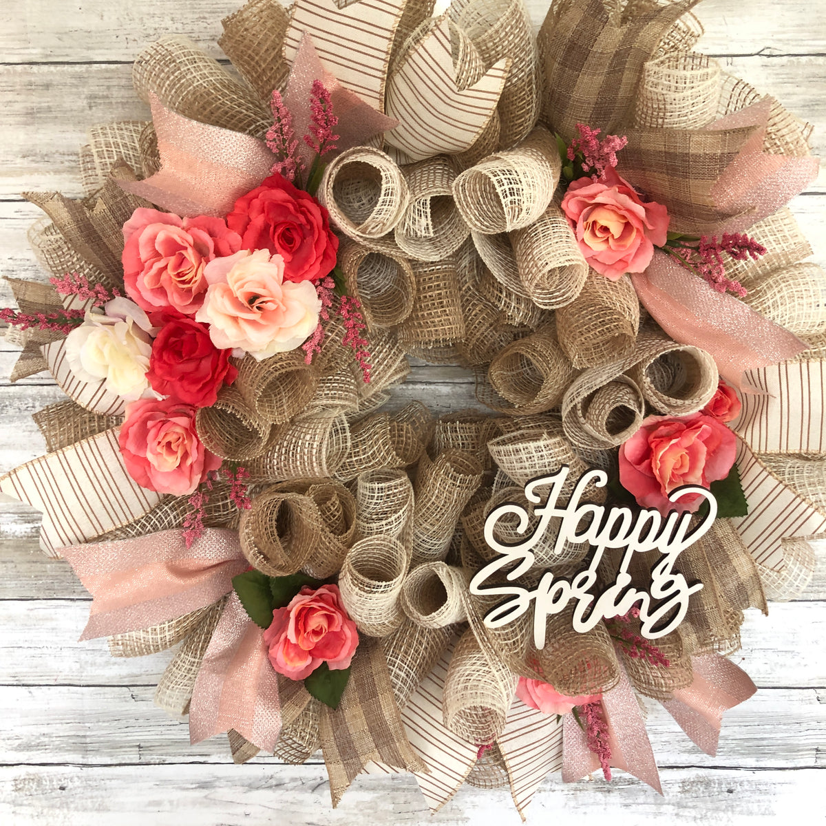 Happy Spring Door Wreath. Pops Of Pink Floral Spring Wreath. Handmade Seasonal Door Wreath