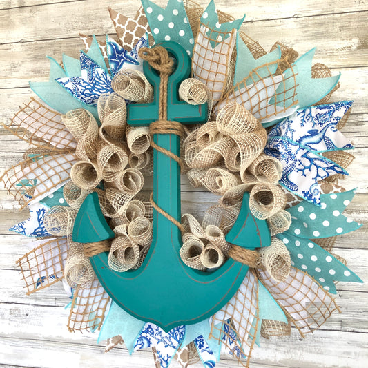 Handmade Nautical Door Wreath - Beige and Teal Anchor Wreath