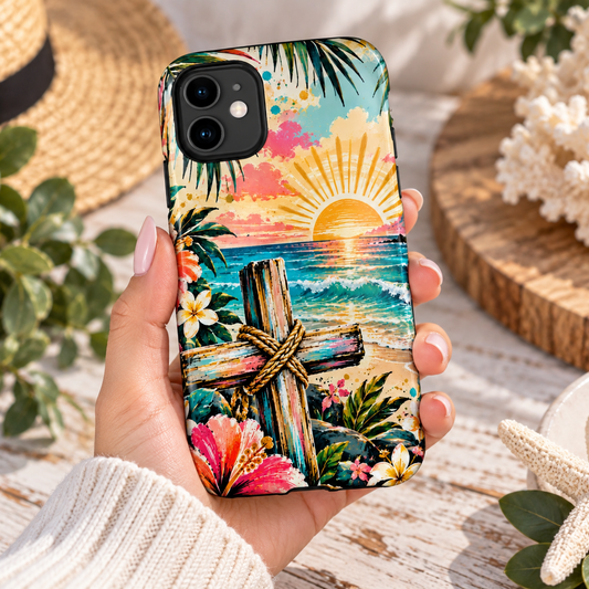 Tropical Cross Christian Phone Case | Beach Sunset & Floral Faith-Inspired Protective Case