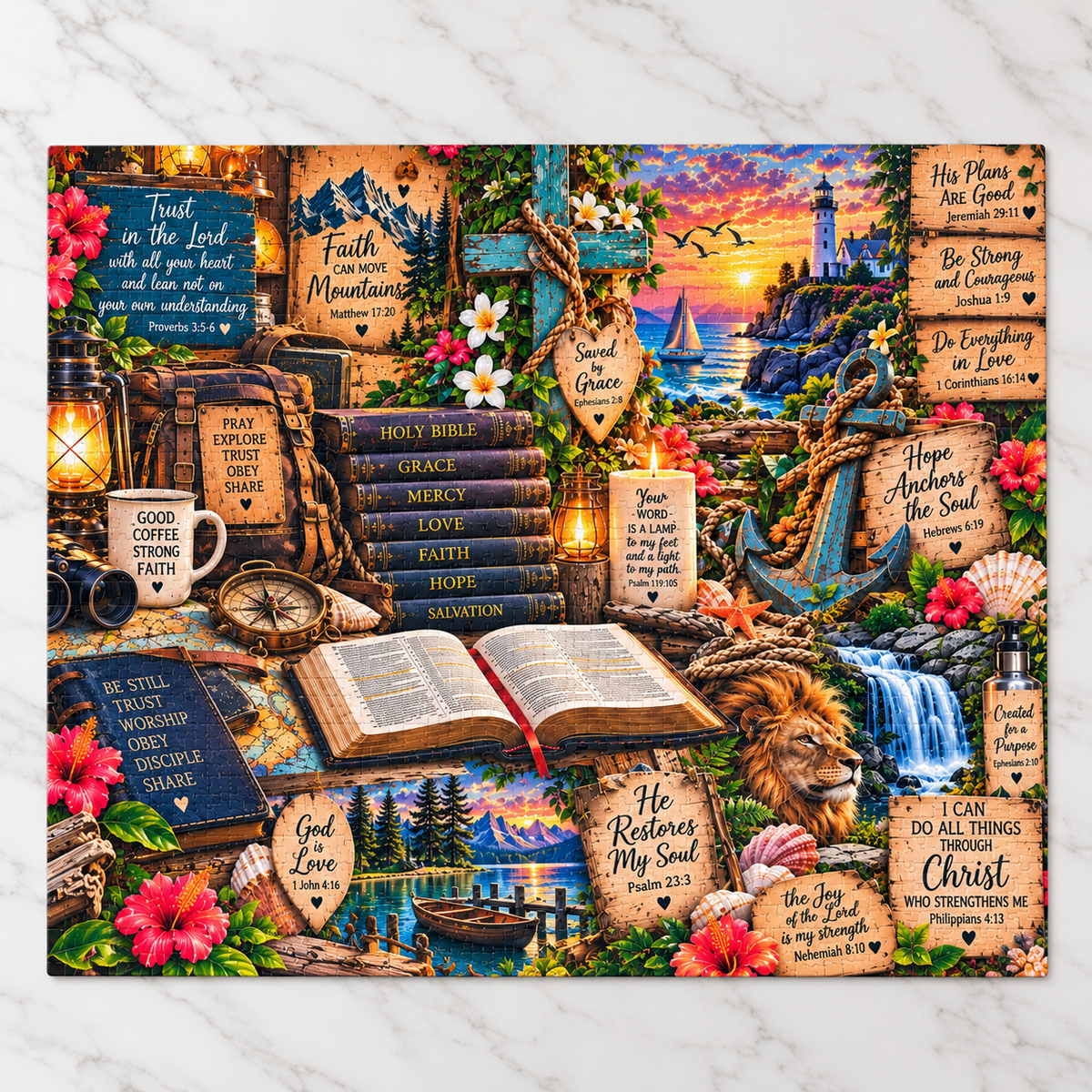 Completed Christian Scripture jigsaw puzzle displaying Bible verses, a lion, cross, lighthouse, ocean sunset, and colorful faith-inspired artwork.