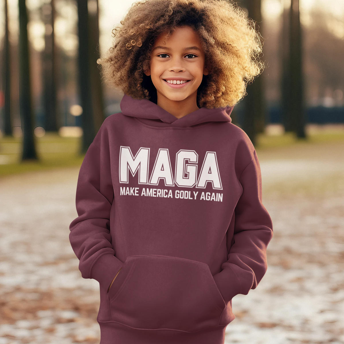 Kids Make America Godly Again MAGA Hooded Sweatshirt