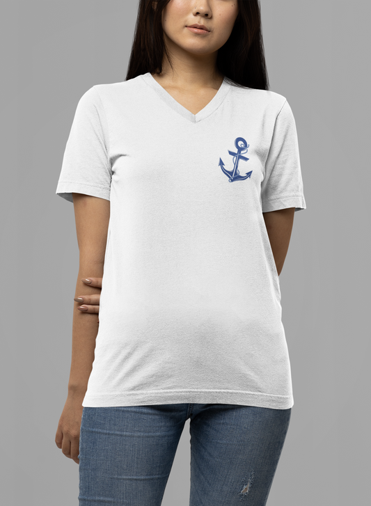 We have this hope as an anchor for the soul, firm and secure. Hebrews 6:19. This nautical Christian v-neck tee features a small anchor on the front with a large anchor and the Hebrews 6:19 bible verse in decorative font down the back. Cataldo Creations Christian Clothing, Christian T-Shirt, Christian Apparel. Bible Verse And Scripture Tees