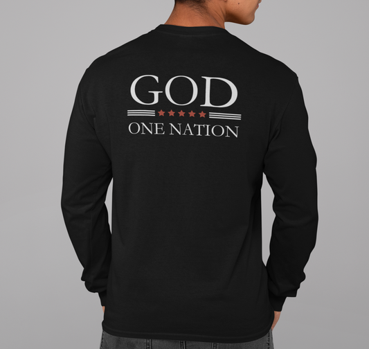 One Nation Under God, 1776 Patriotic long sleeve shirt for men and women. This Cataldo Creations tee has 1776 on the front chest pocket area and One Nation Under God on the back. Show your patriotism with this American Patriot long sleeve tee today!