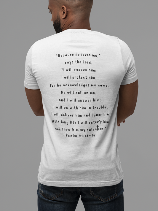 Psalm 91 Men's Christian Bible Verse Short Sleeve Tee. Scripture T-shirt For Men. Gospel Shirt. Christian Men's God's Protection T-Shirt.