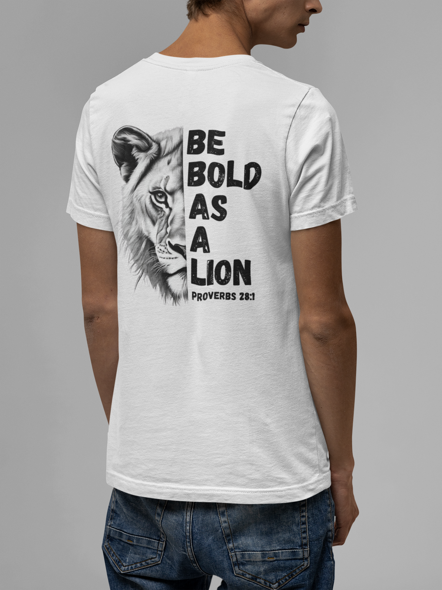 The 'Be Bold As A Lion' v-neck tee. The lion face pops with its gorgeous, lifelike markings throughout. In a big bold font, a reminder of God's word in Proverbs 28:1 from the Bible, to "Be Bold As A Lion". With a small cross on the front chest and available in different colors (and styles!) this t-shirt is one you will feel fearless wearing! Cataldo Creations Christian clothing. Faith Based apparel