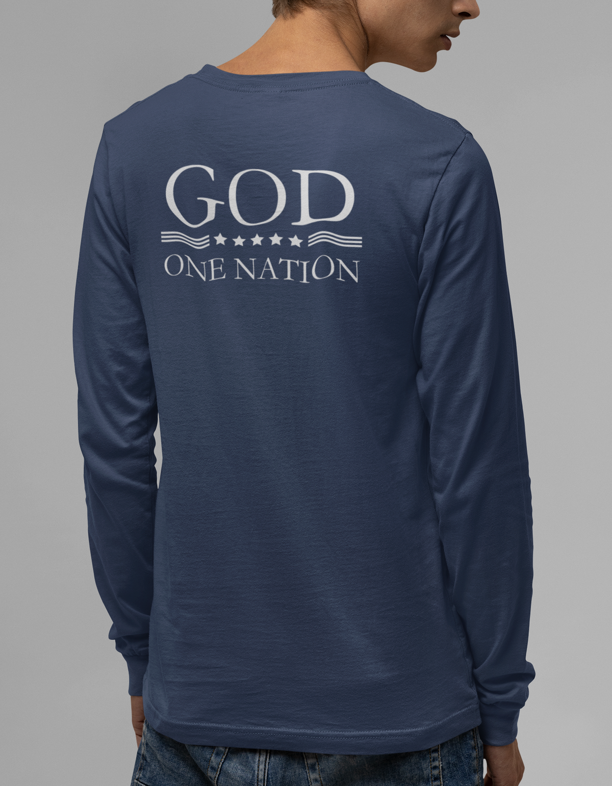 One Nation Under God, 1776 Patriotic long sleeve shirt for men and women. This Cataldo Creations tee has 1776 on the front chest pocket area and One Nation Under God on the back. Show your patriotism with this American Patriot long sleeve tee today!