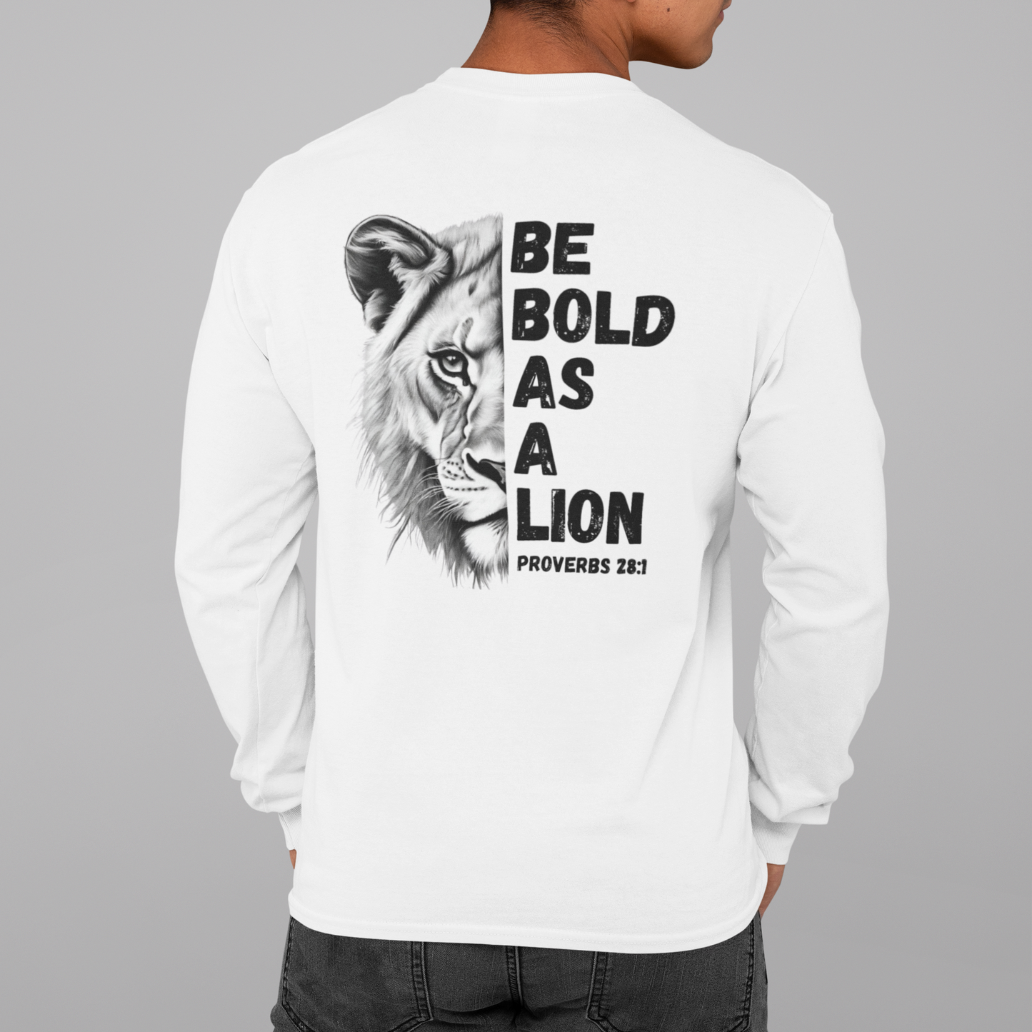 Be Bold As A Lion Christian Proverbs Tee. Bible Verse Lion T-Shirt. Unisex Jersey Long Sleeve Tee. Cross bible verse tee for men and women.