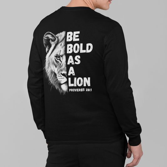 Be Bold As A Lion Christian Proverbs Tee. Bible Verse Lion T-Shirt. Unisex Jersey Long Sleeve Tee. Cross bible verse tee for men and women.