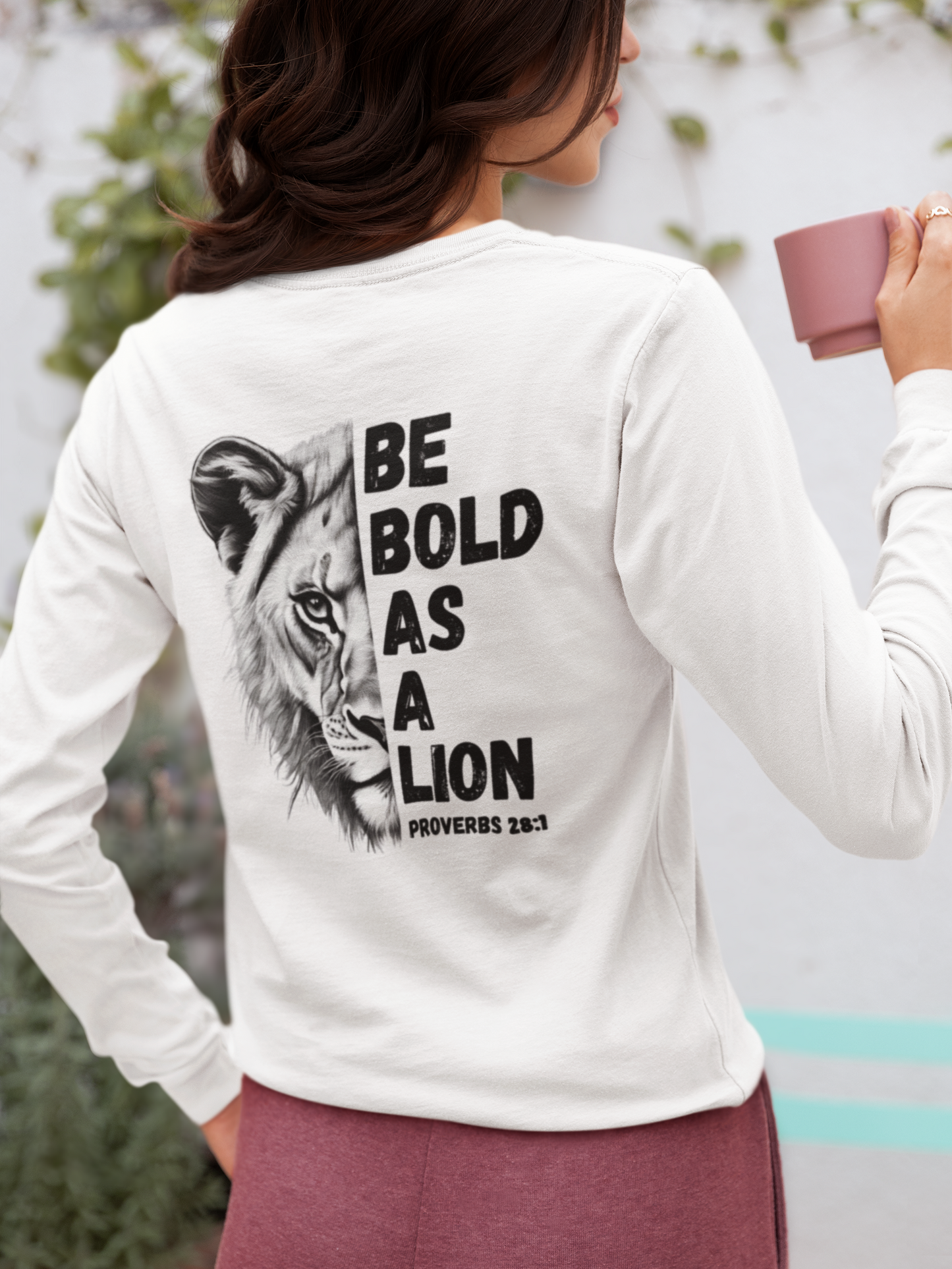 Be Bold As A Lion Christian Proverbs Tee. Bible Verse Lion T-Shirt. Unisex Jersey Long Sleeve Tee. Cross bible verse tee for men and women.