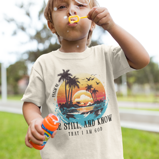 Youth Short Sleeve Tee with Bible Verse Ocean Sunset Design | Summer Vibes, Beachwear, Kid's Faith-Based Apparel