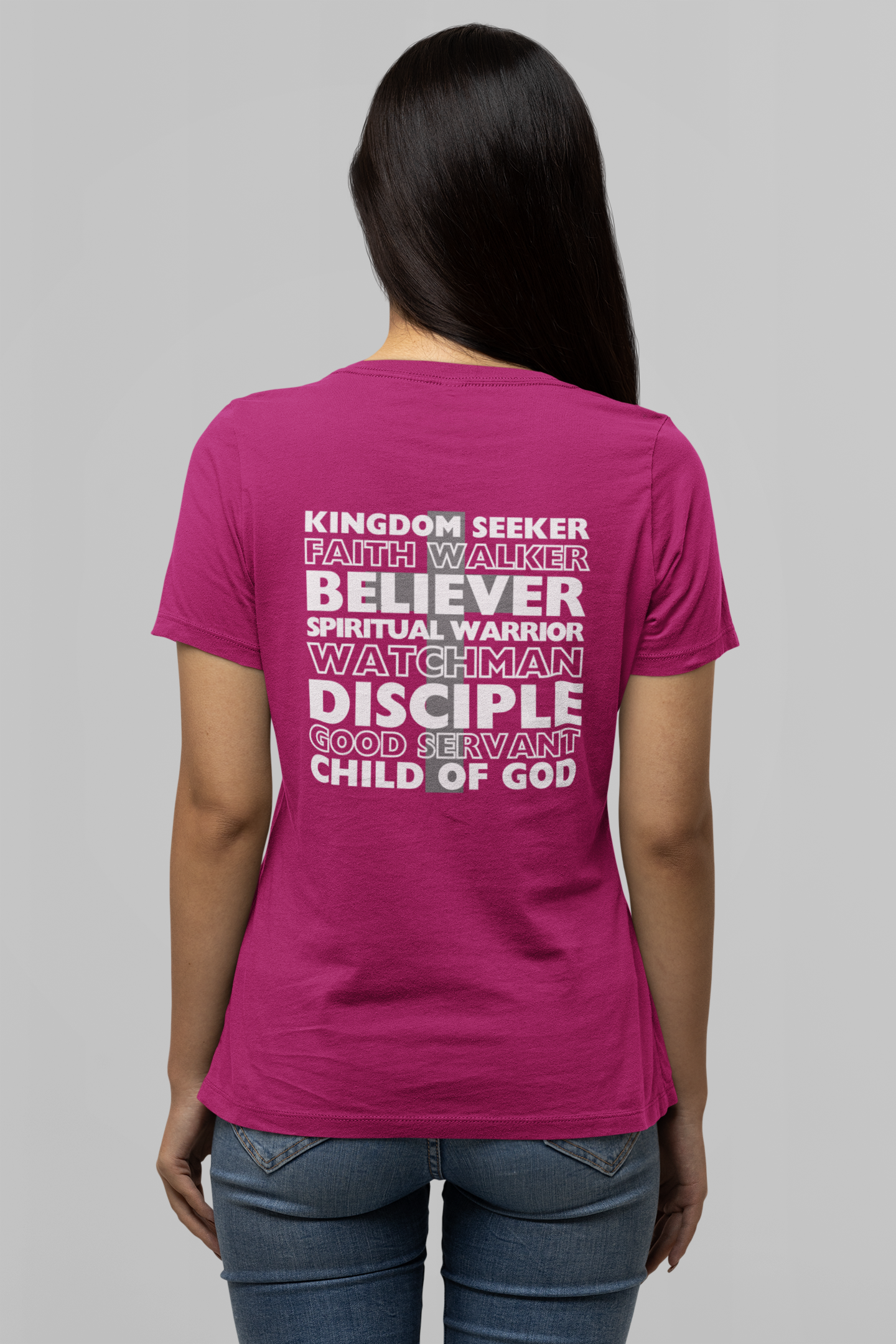 Kingdom Seeker, Faith Walker, Believer, Spiritual Warrior, Watchman, Disciple, Good Servant, Child Of God. This gorgeous Christian crew neck t-shirt has a large faith based design on the back with a cross behind the various names for Children of God. With a subtle cross design on the front, you can wear your faith boldly with this Cataldo Creations short sleeve tee!
