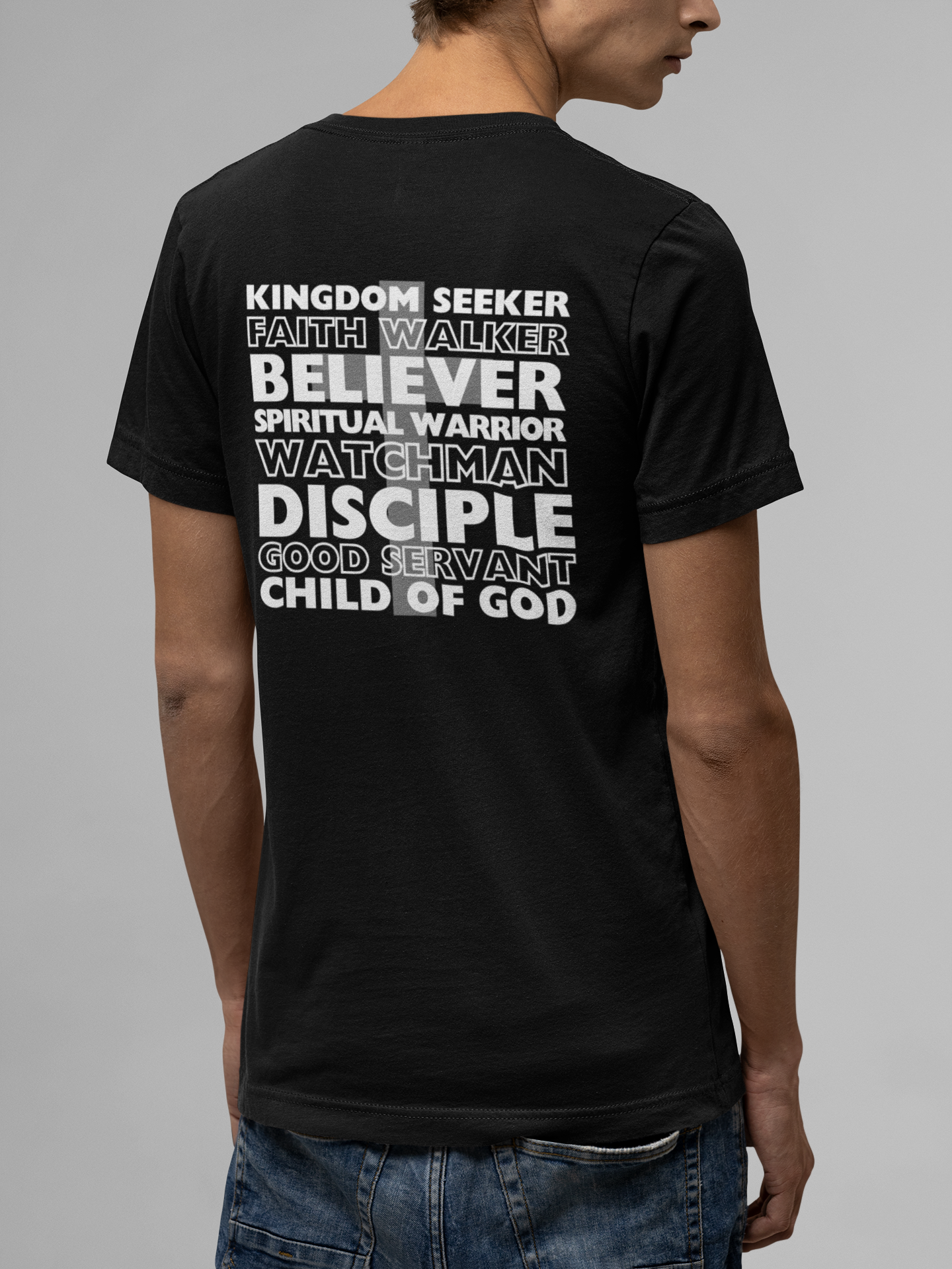 Kingdom Seeker, Faith Walker, Believer, Spiritual Warrior, Watchman, Disciple, Good Servant, Child Of God. This gorgeous Christian crew neck t-shirt has a large faith based design on the back with a cross behind the various names for Children of God. With a subtle cross design on the front, you can wear your faith boldly with this Cataldo Creations short sleeve tee!