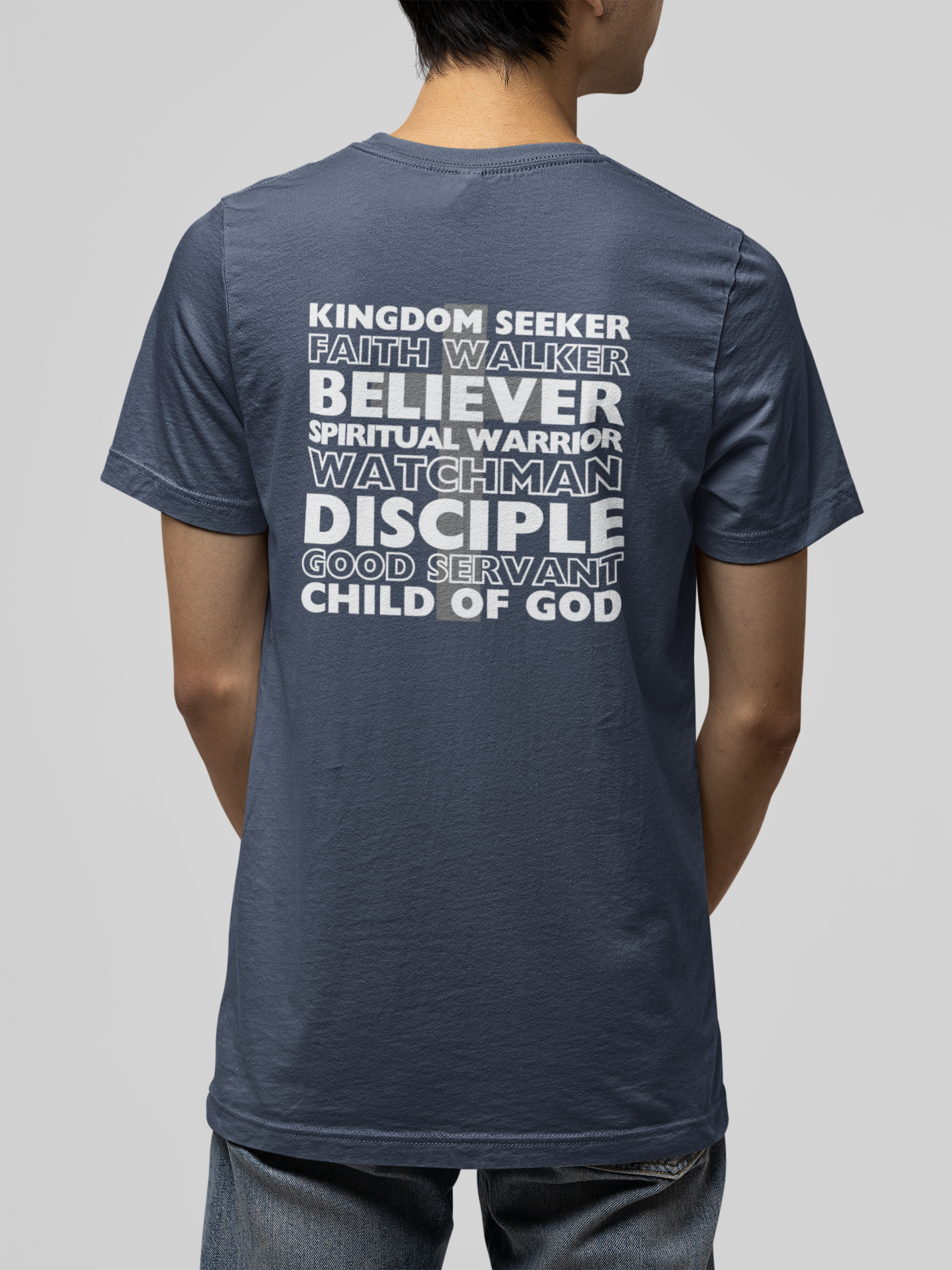 Kingdom Seeker, Faith Walker, Believer, Spiritual Warrior, Watchman, Disciple, Good Servant, Child Of God. This gorgeous Christian crew neck t-shirt has a large faith based design on the back with a cross behind the various names for Children of God. With a subtle cross design on the front, you can wear your faith boldly with this Cataldo Creations short sleeve tee!
