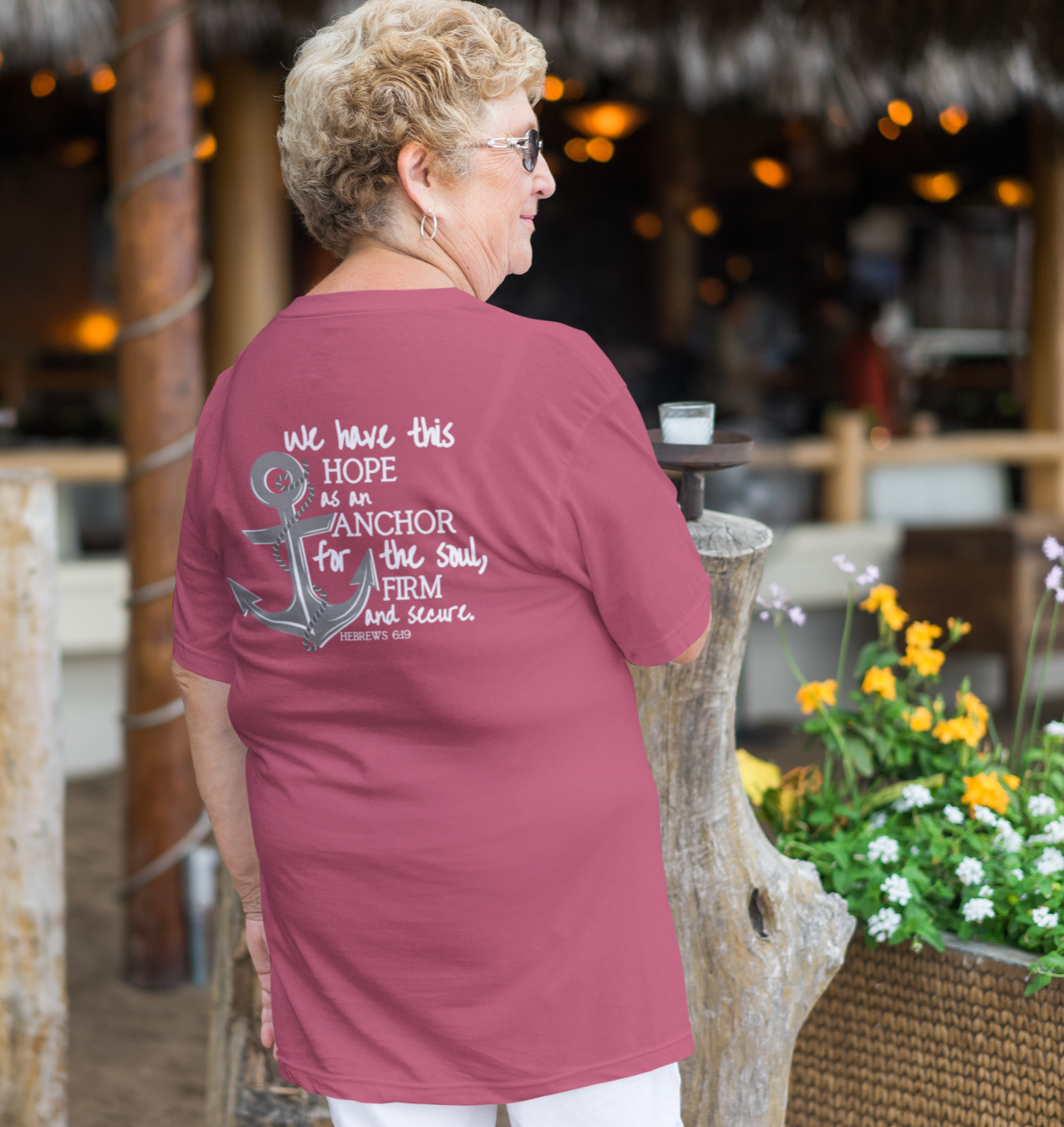 We have this hope as an anchor for the soul, firm and secure. Hebrews 6:19. This nautical Christian crewneck tee features a small anchor on the front with a large anchor and the Hebrews 6:19 bible verse in decorative font down the back. Cataldo Creations Christian Clothing, Christian T-Shirt, Christian Apparel. Bible Verse And Scripture Tees