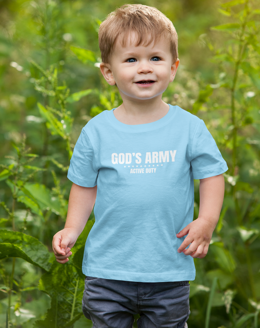 Called to Serve in God's Army. This is a beautiful faith based t-shirt for your children or as a gift for a child of God in your life. Across the chest reads, 'God's Army, Active Duty'. Make sure to grab one for yourself by checking out the Adult versions of the beautiful Christian Tee, also available on my shop! Cataldo Creations Christian Toddler Tee