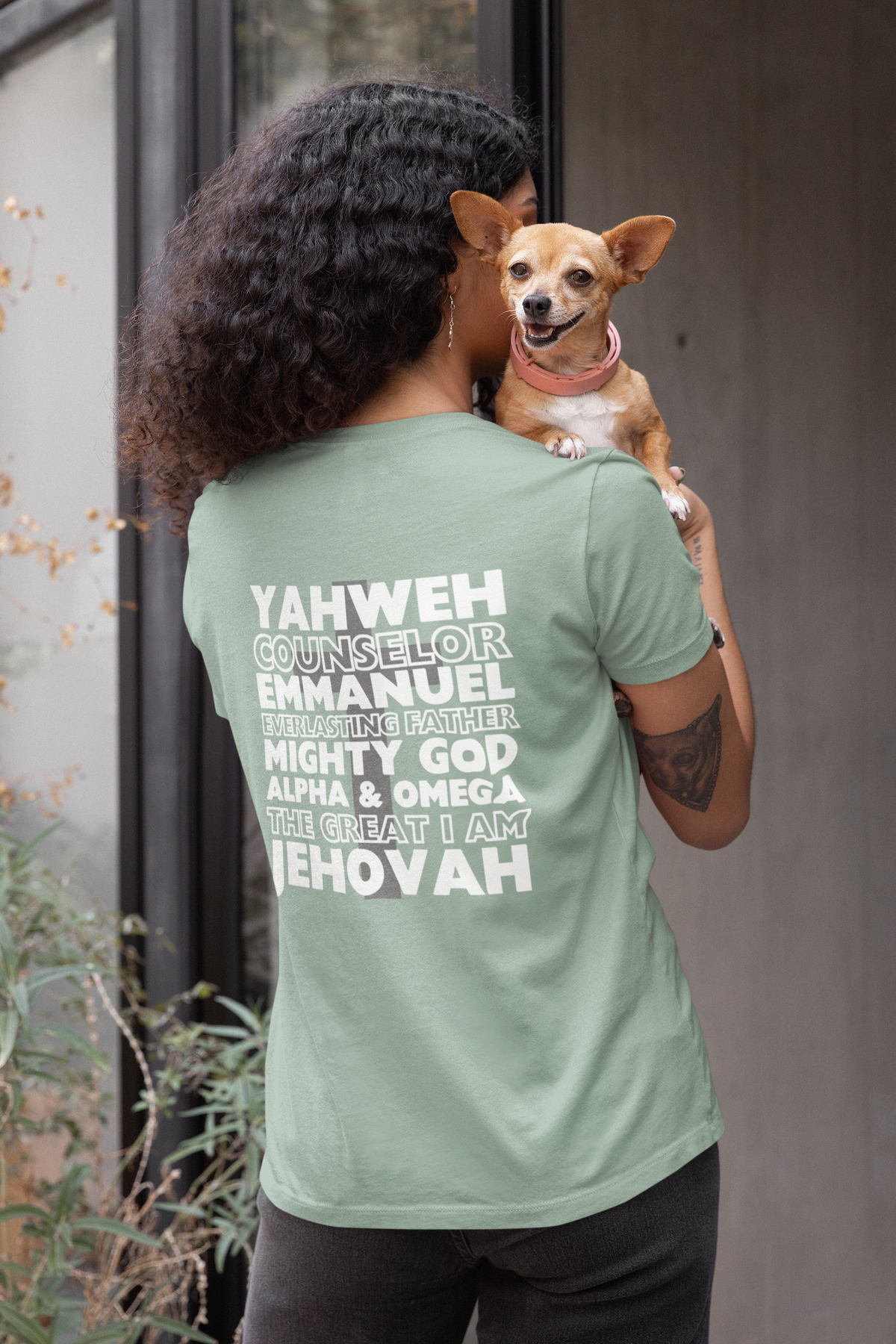 YAHWEH. Counselor. Emmanuel. Everlasting father. Mighty God. Alpha and Omega. THE GREAT I AM. Jehovah. The Names of God. This gorgeous Christian t-shirt has a large faith based design on the back with a cross behind some of the many names of God. With a small cross on the front chest pocket area, you can wear your faith and be bold for God.