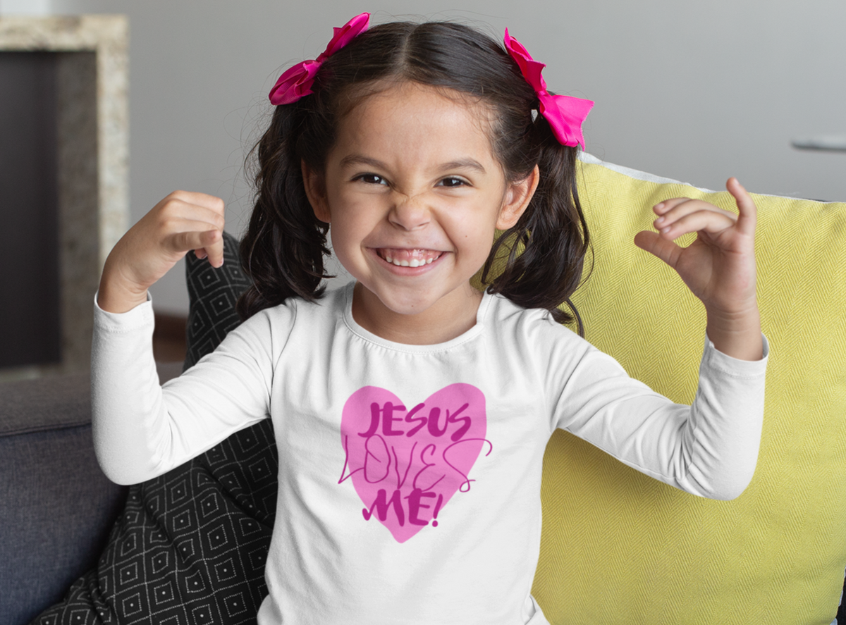 Jesus Loves Me Christian toddler long sleeve tee. Toddler Long sleeve t-shirt. Pink heart Jesus loves me toddler tee.