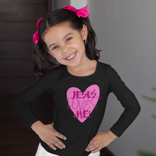 Jesus Loves Me Christian toddler long sleeve tee. Toddler Long sleeve t-shirt. Pink heart Jesus loves me toddler tee.