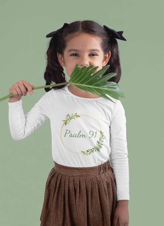 Psalm 91 Little Girl Christian Toddler Long Sleeve Tee - Bible Verse Faith Tee For Girls. Christian Toddler T-shirts. Little Kid's Christian Clothing.
