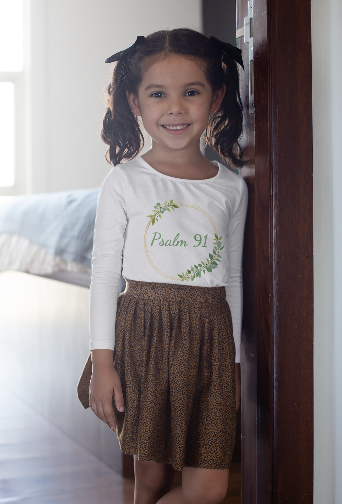 Psalm 91 Little Girl Christian Toddler Long Sleeve Tee - Bible Verse Faith Tee For Girls. Christian Toddler T-shirts. Little Kid's Christian Clothing.