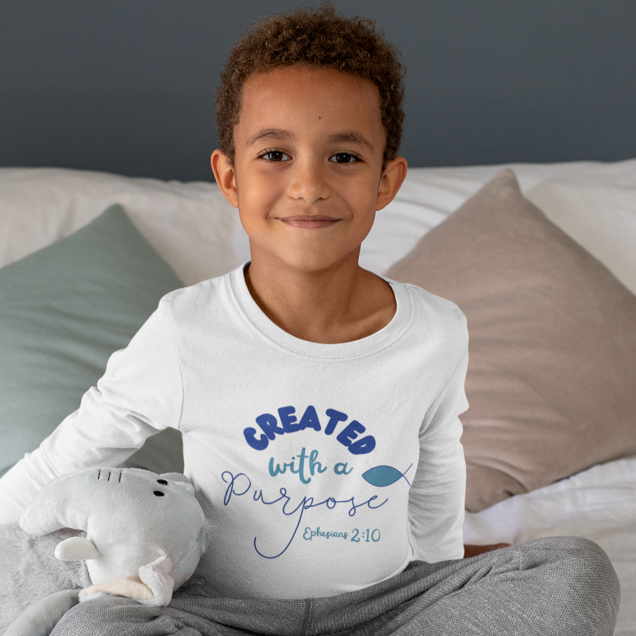 Christian Toddler Boy Created With A Purpose Christian Bible Verse Long Sleeve Tee. Jesus Fish tee