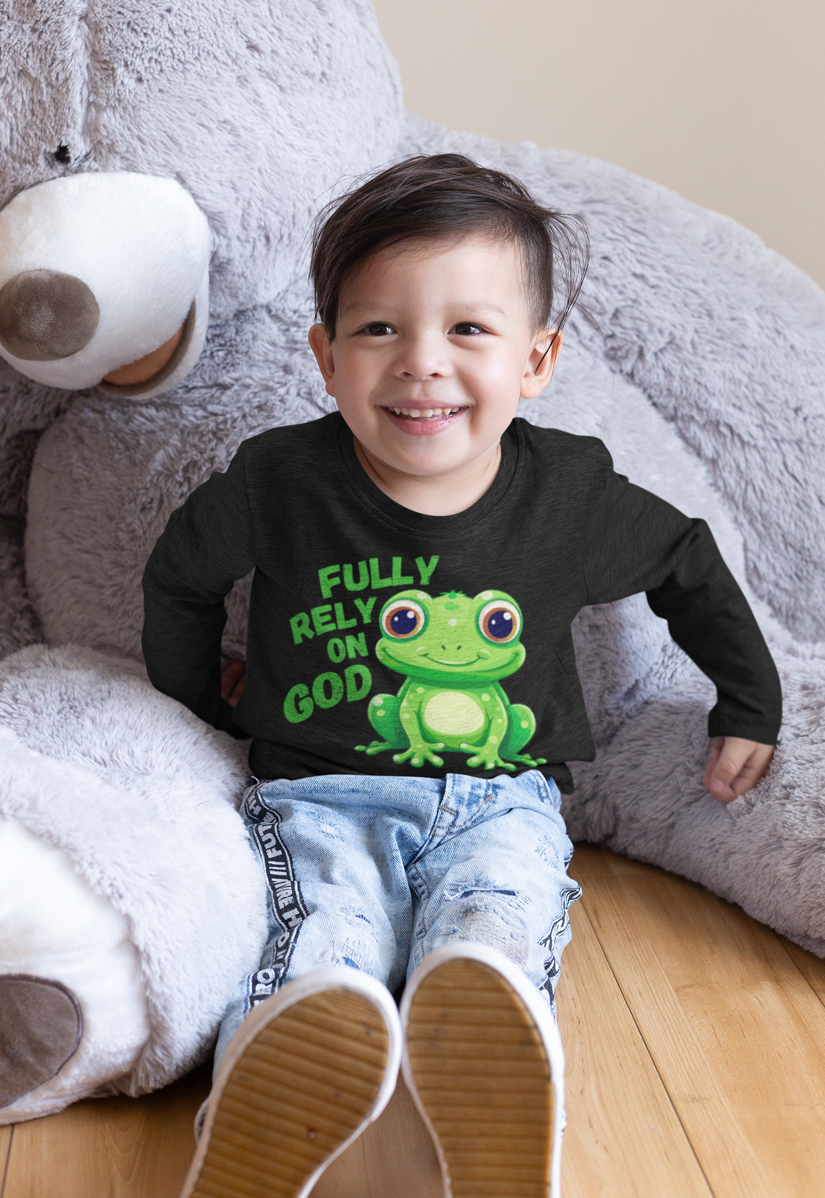 FROG. Fully Rely On God. This cute toddler long sleeve t-shirt has an adorable green frog with the words Fully Rely On God in green. Perfect for your Christian toddler!