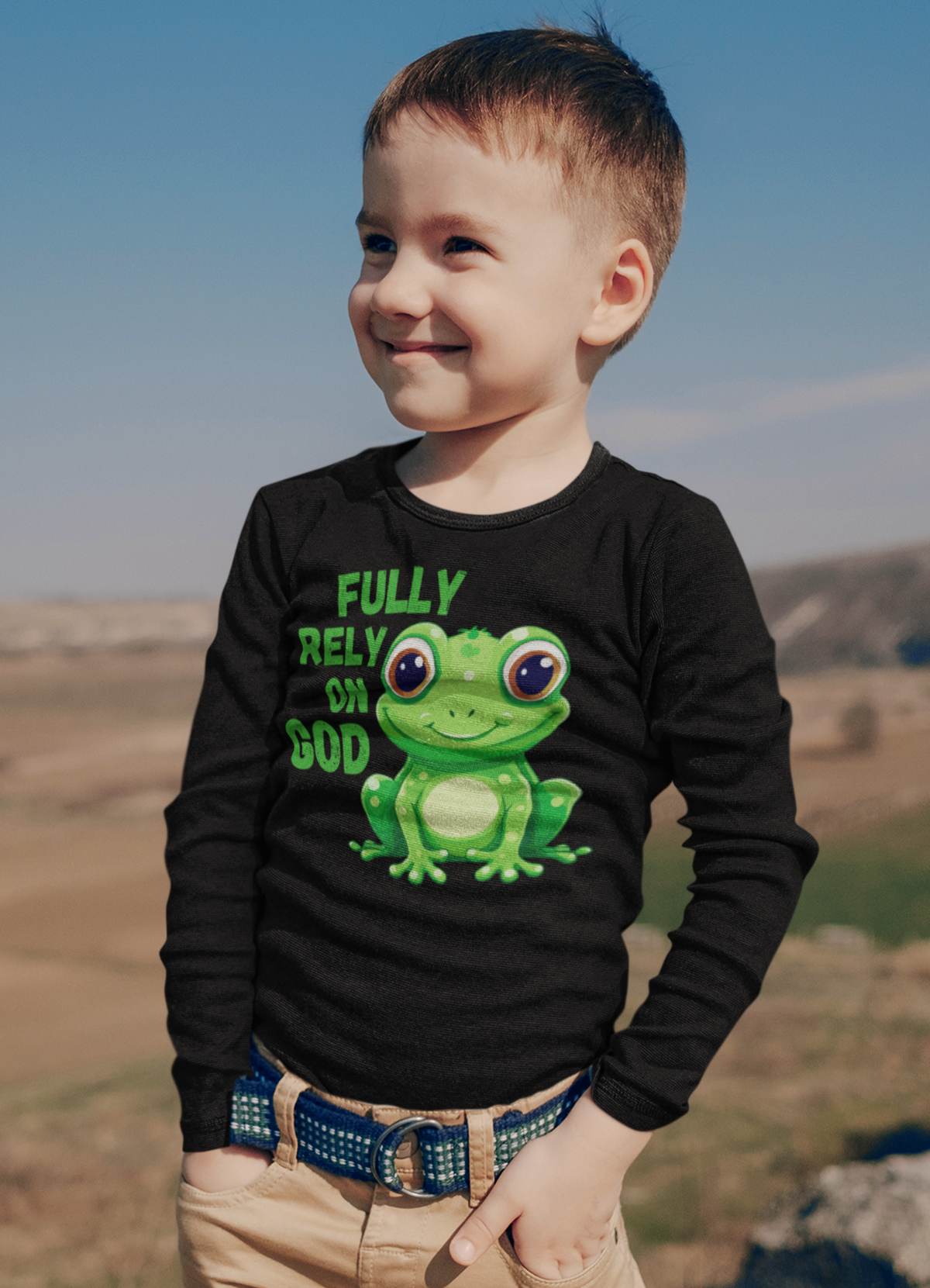 FROG. Fully Rely On God. This cute toddler long sleeve t-shirt has an adorable green frog with the words Fully Rely On God in green. Perfect for your Christian toddler!