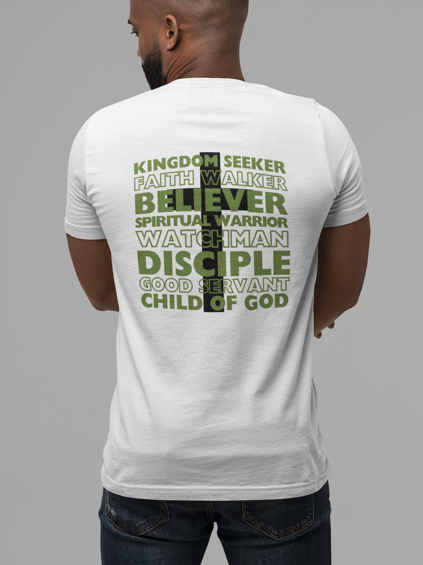 Kingdom Seeker, Faith Walker, Believer, Spiritual Warrior, Watchman, Disciple, Good Servant, Child Of God. This gorgeous Christian crew neck t-shirt has a large faith based design on the back with a cross behind the various names for Children of God. With a subtle cross design on the front, you can wear your faith boldly with this Cataldo Creations short sleeve tee!