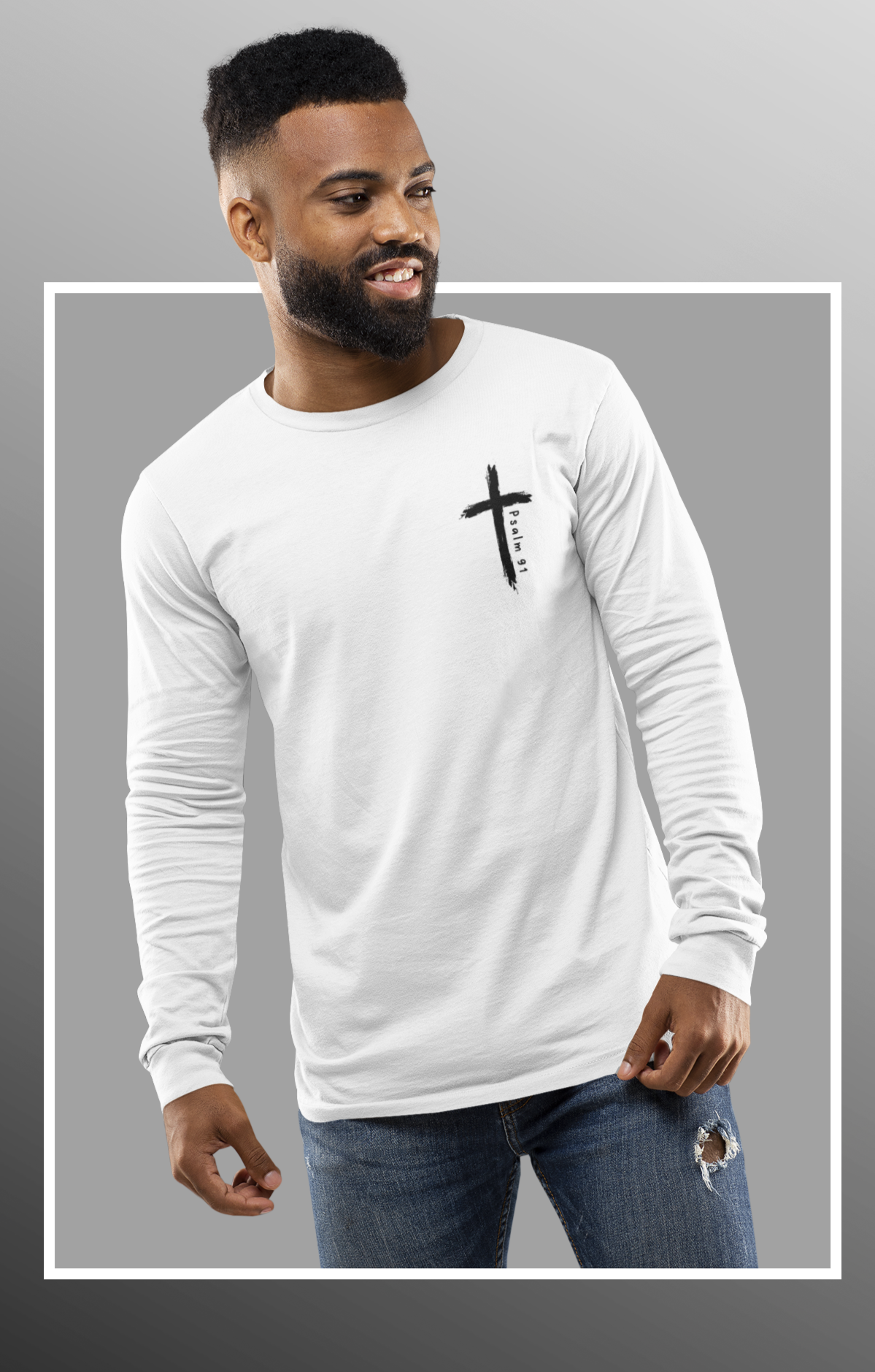 Psalm 91 Men's Christian Bible Verse Long Sleeve Tee. Scripture T-shirt For Men. Gospel Shirt. Christian Men's God's Protection T-Shirt.