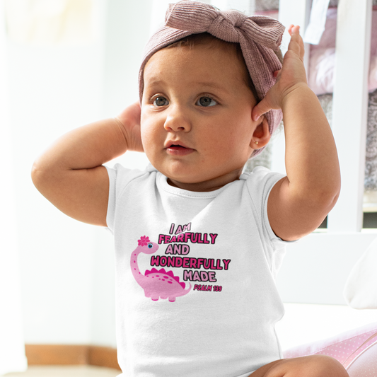 Fearfully and Wonderfully Made Dinosaur Baby Girl Bodysuit | Psalm 139:14 Christian Infant Onesie | Cute Dino Baby Outfit