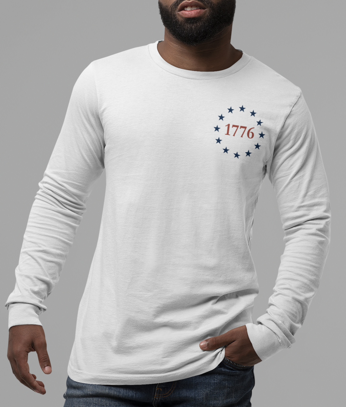 One Nation Under God, 1776 Patriotic long sleeve shirt for men and women. This Cataldo Creations tee has 1776 on the front chest pocket area and One Nation Under God on the back. Show your patriotism with this American Patriot long sleeve tee today!