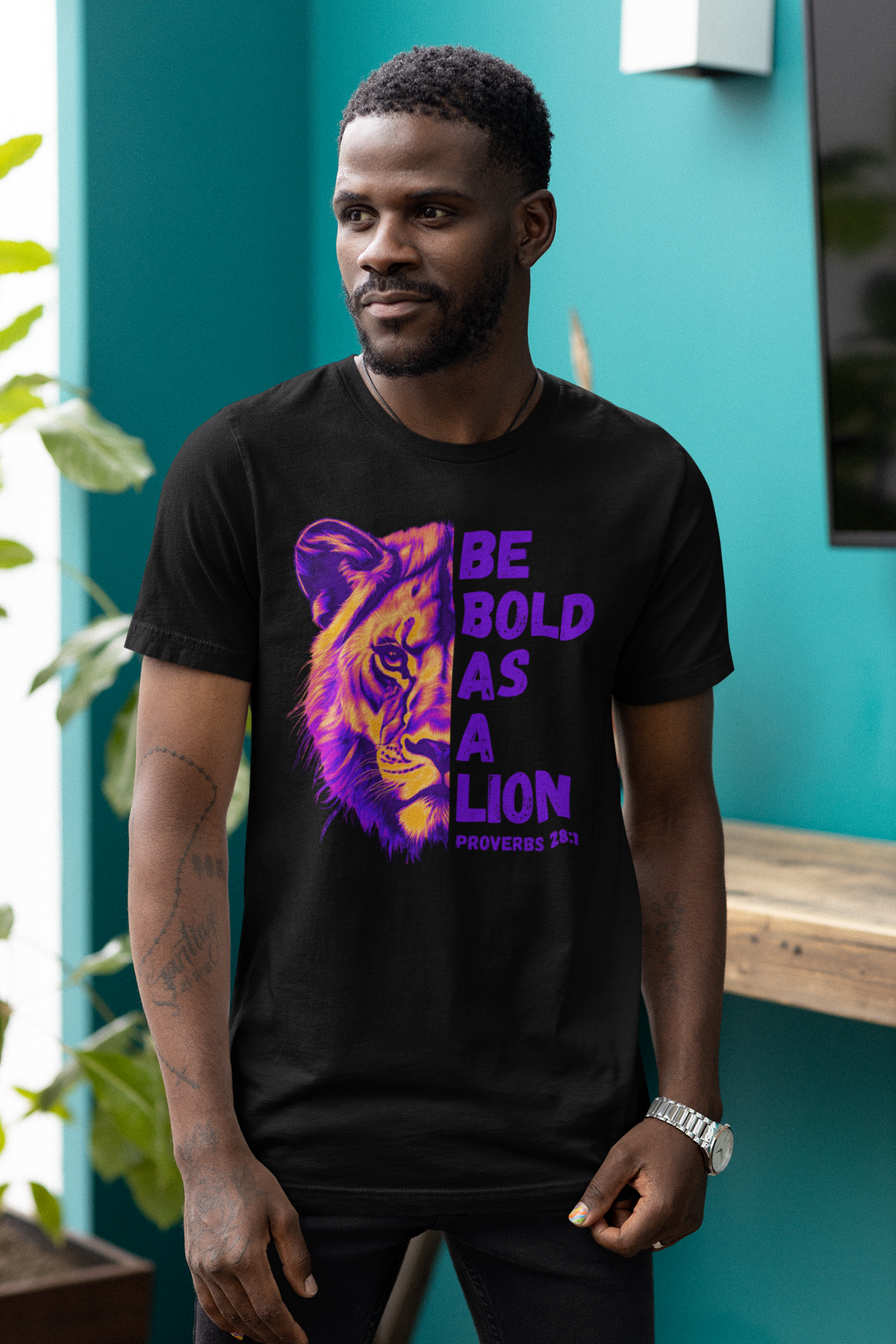 Bold As A Lion Christian Graphic Tee. Proverbs Bible Verse Unisex Jersey Short Sleeve T-Shirt