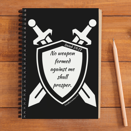 This notebook is a a bold reminder of God's word in Isaiah 54:17., that 'No weapon formed against you shall prosper.' Great for bible study, journaling, shopping lists, school notes, prayers or poems - this bible verse spiral notebook with ruled line paper is a perfect companion in everyday life. The durable printed cover makes the owner proud to carry it everywhere.