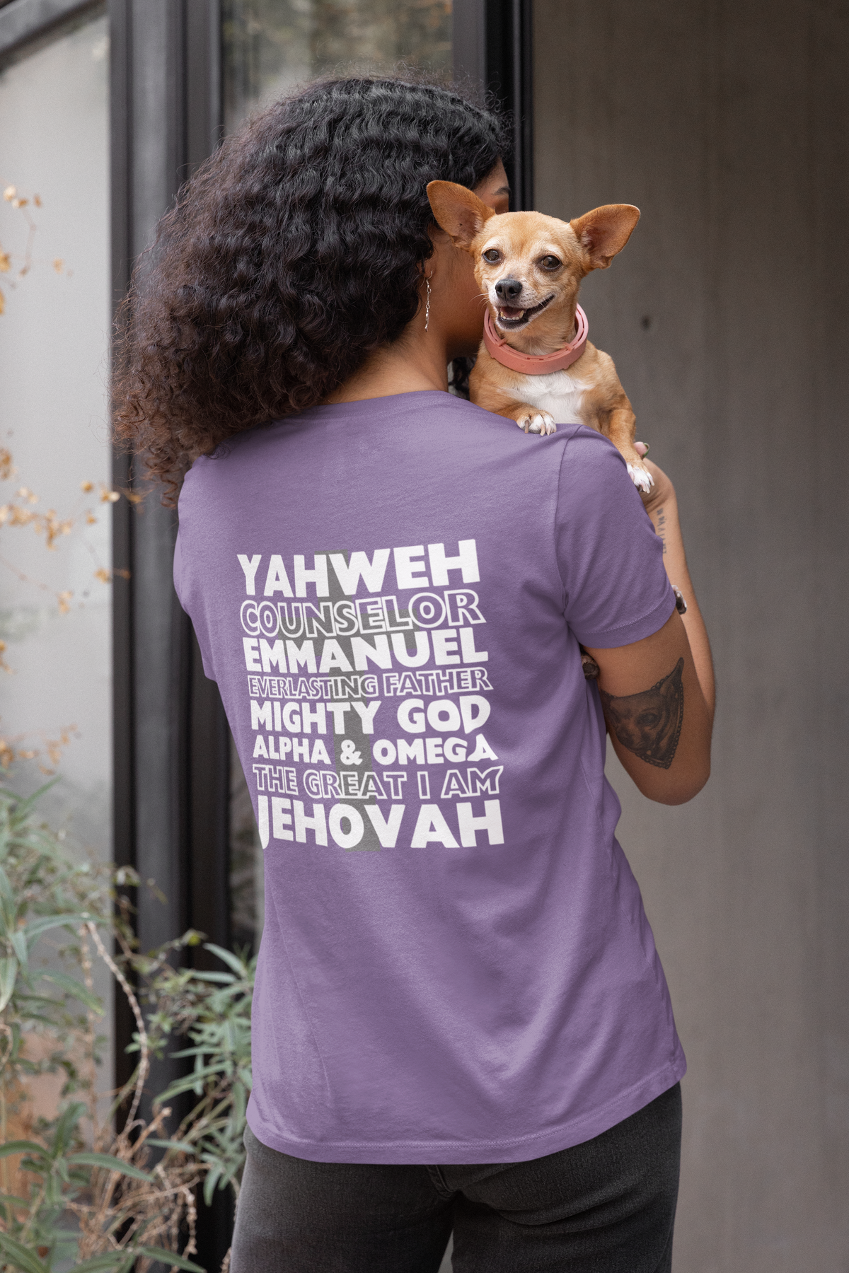 YAHWEH. Counselor. Emmanuel. Everlasting father. Mighty God. Alpha and Omega. THE GREAT I AM. Jehovah. The Names of God. This gorgeous Christian t-shirt has a large faith based design on the back with a cross behind some of the many names of God. With a small cross on the front chest pocket area, you can wear your faith and be bold for God.