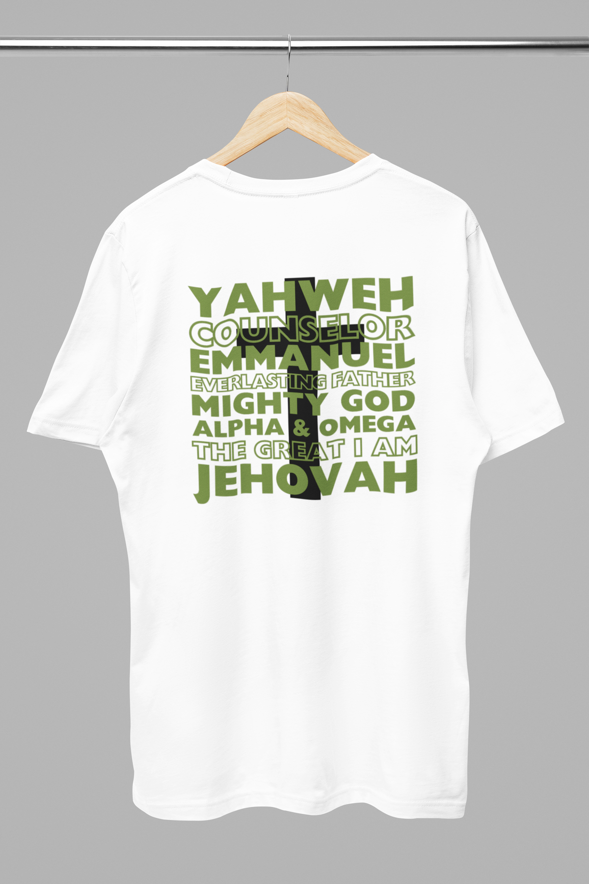 YAHWEH. Counselor. Emmanuel. Everlasting father. Mighty God. Alpha and Omega. THE GREAT I AM. Jehovah. The Names of God. This gorgeous Christian t-shirt has a large faith based design on the back with a cross behind some of the many names of God. With a small cross on the front chest pocket area, you can wear your faith and be bold for God.